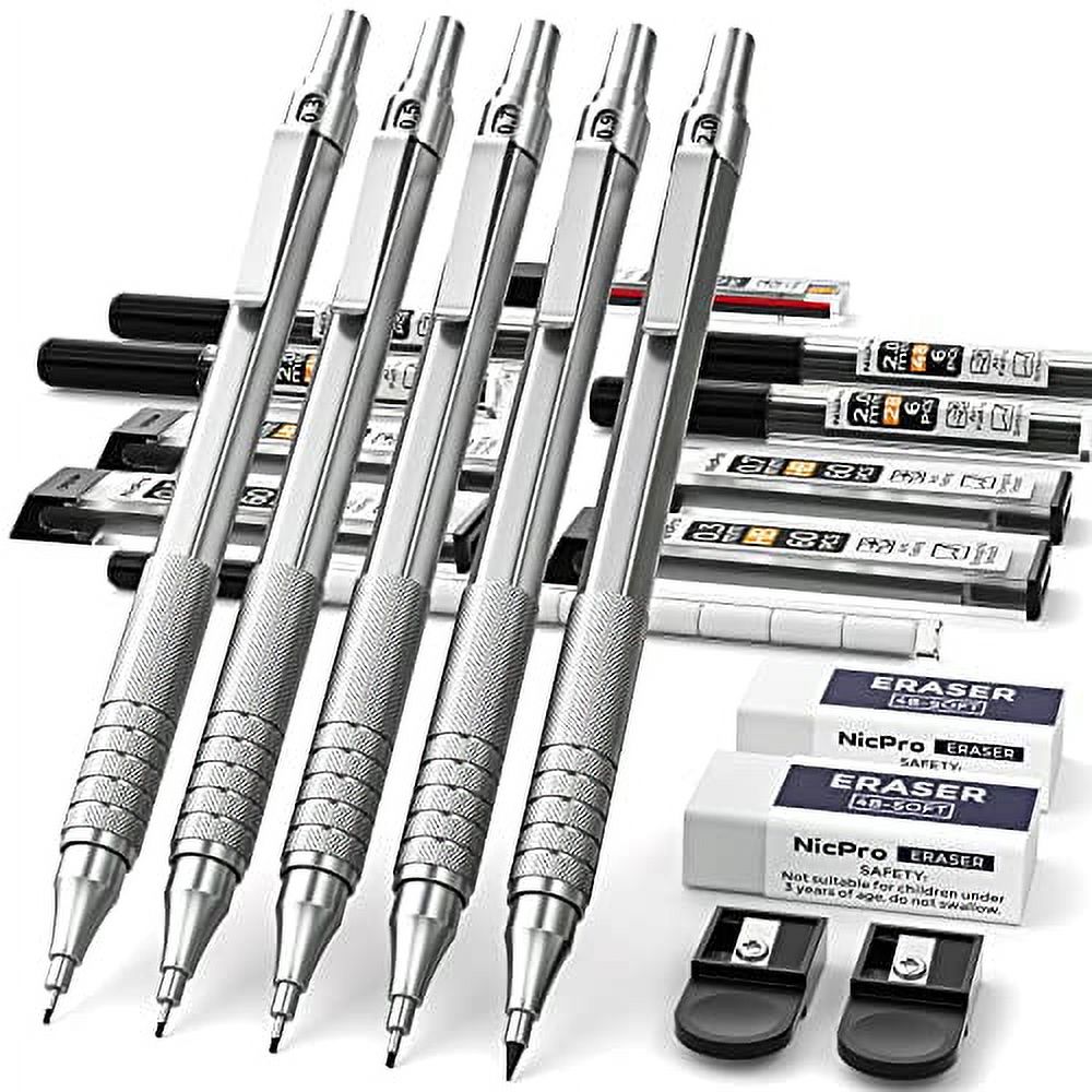 Nicpro 5 PCS Art Mechanical Pencil Set, Metal Drafting Pencils 0.3, 0.5,  0.7, 0.9, 2mm Graphite Lead Holder (4B 2B HB 2H Colored Lead) For Writing